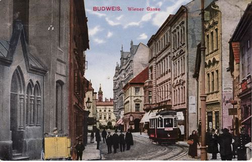 Historische Postkarte Budweis Wiener Gasse